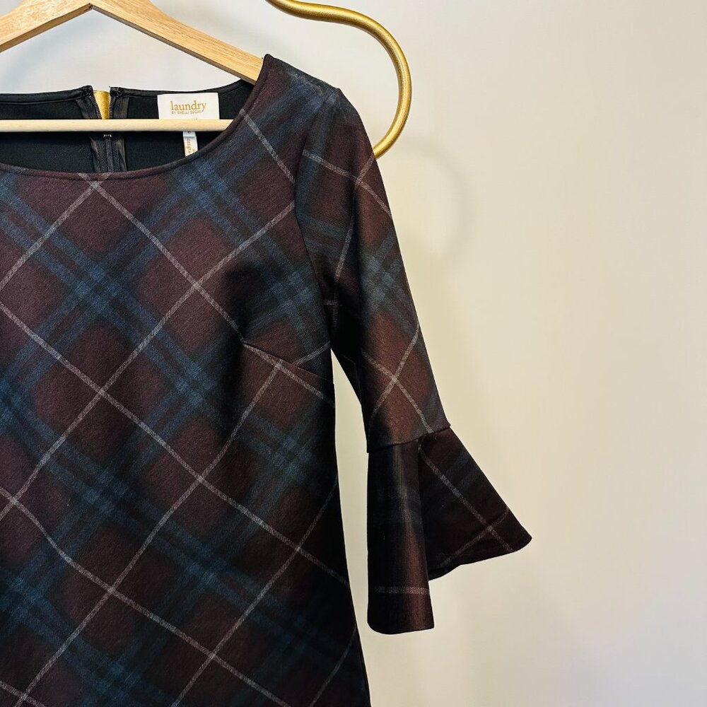 Laundry by Shelli Segal Plaid Bell Sleeve Lace Hem Dress Size 6 Small - Picture 2 of 7